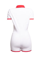 white Bogomore bodysuit with red collar - back view.