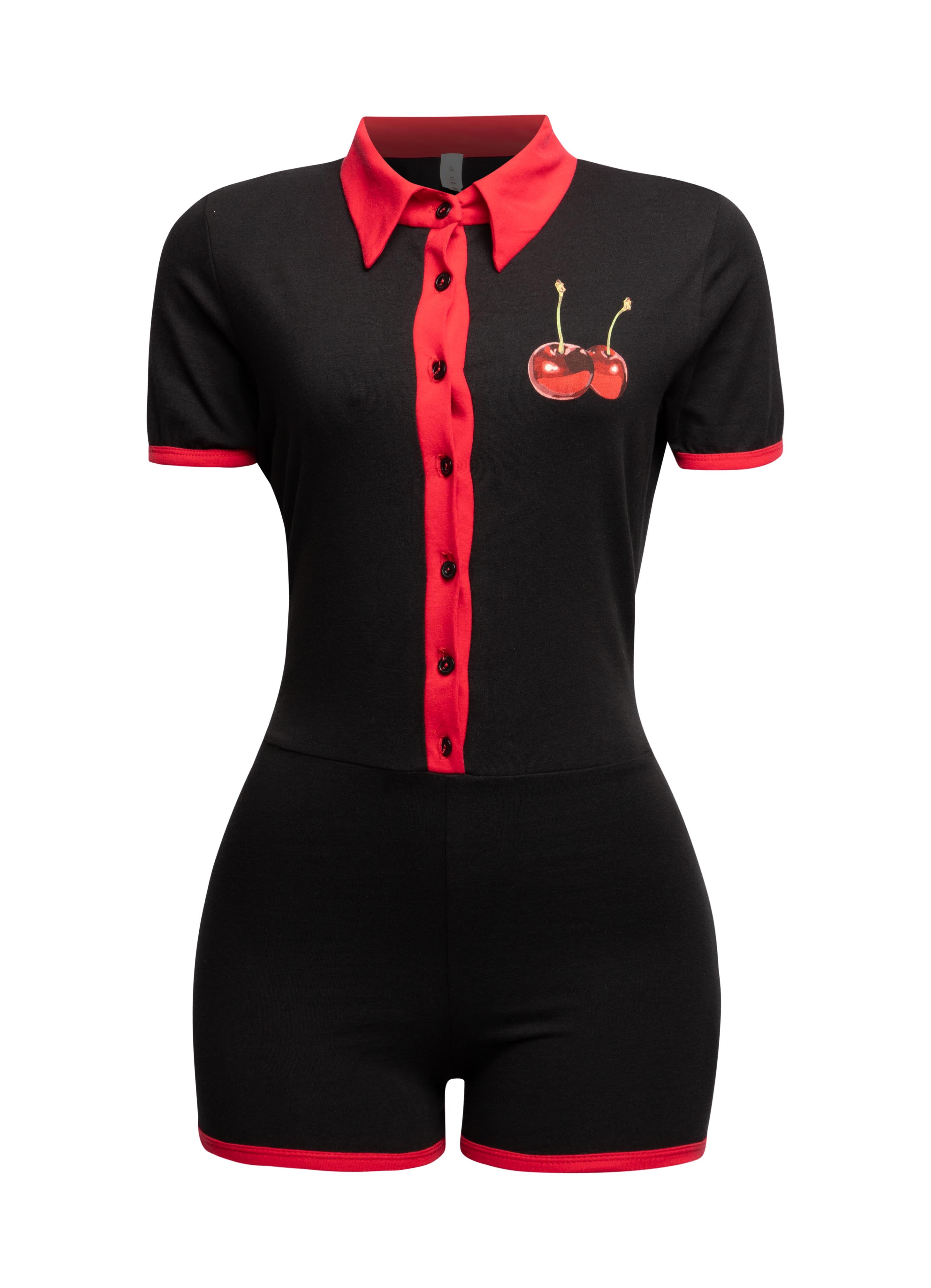 Black Bogomore bodysuit with red collar and button details - front view.
