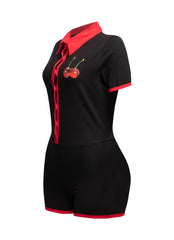 Black Bogomore bodysuit with side profile showcasing contrast red collar - left side view.