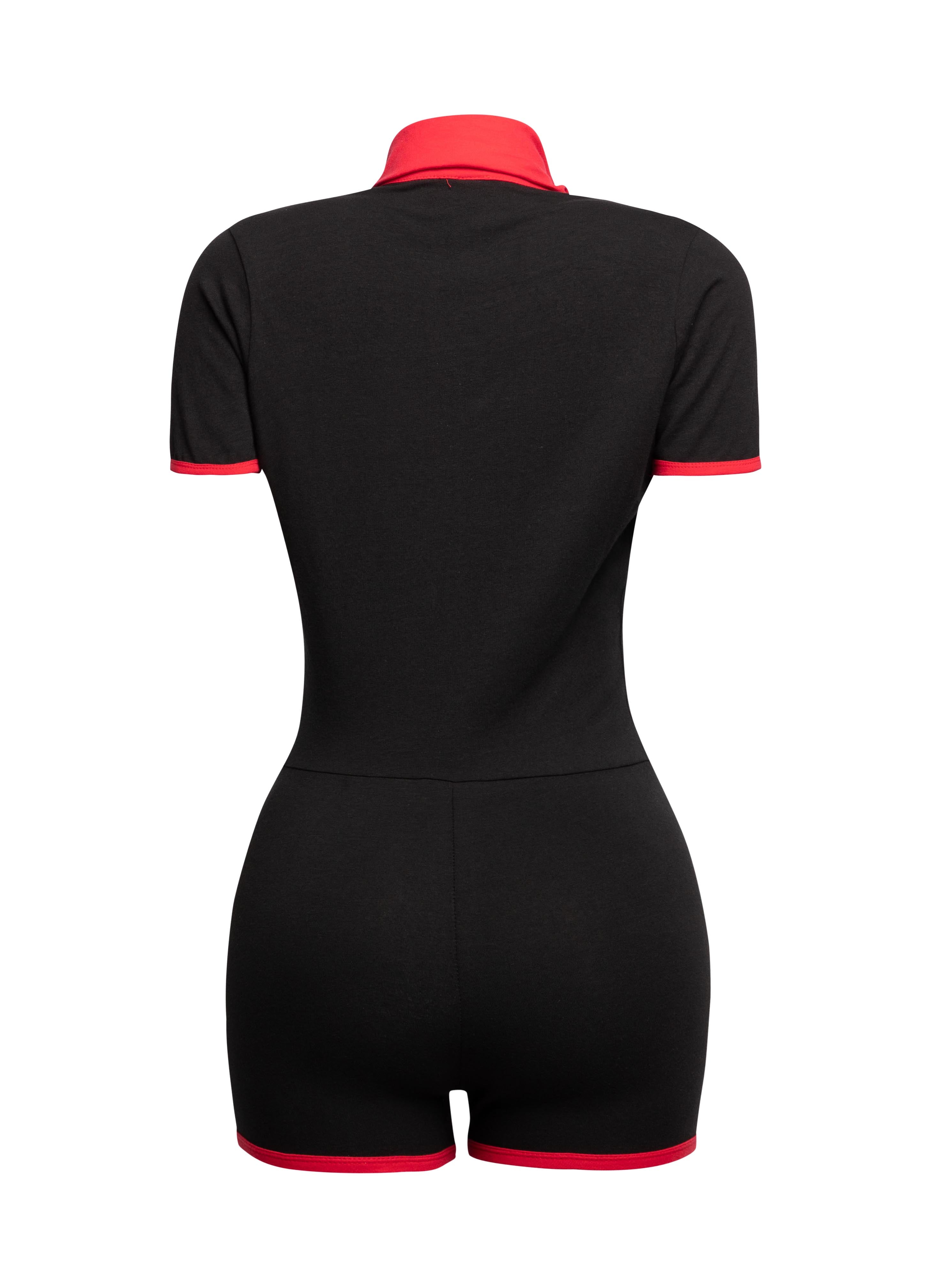 Black Bogomore bodysuit with red collar - back view.