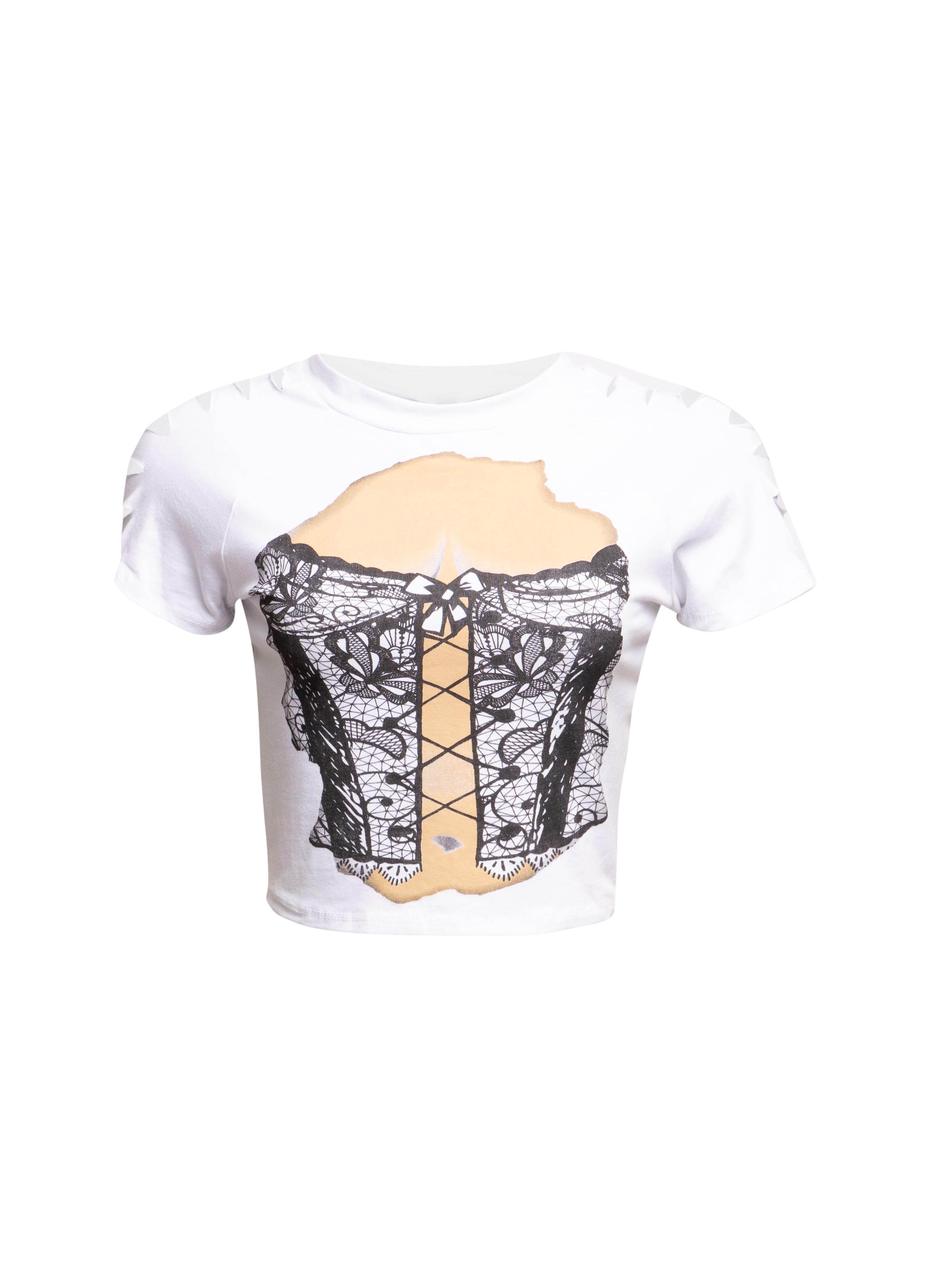  Bogomore Lingerie Illusion T-Shirt in White with Front Lingerie Graphic Print.