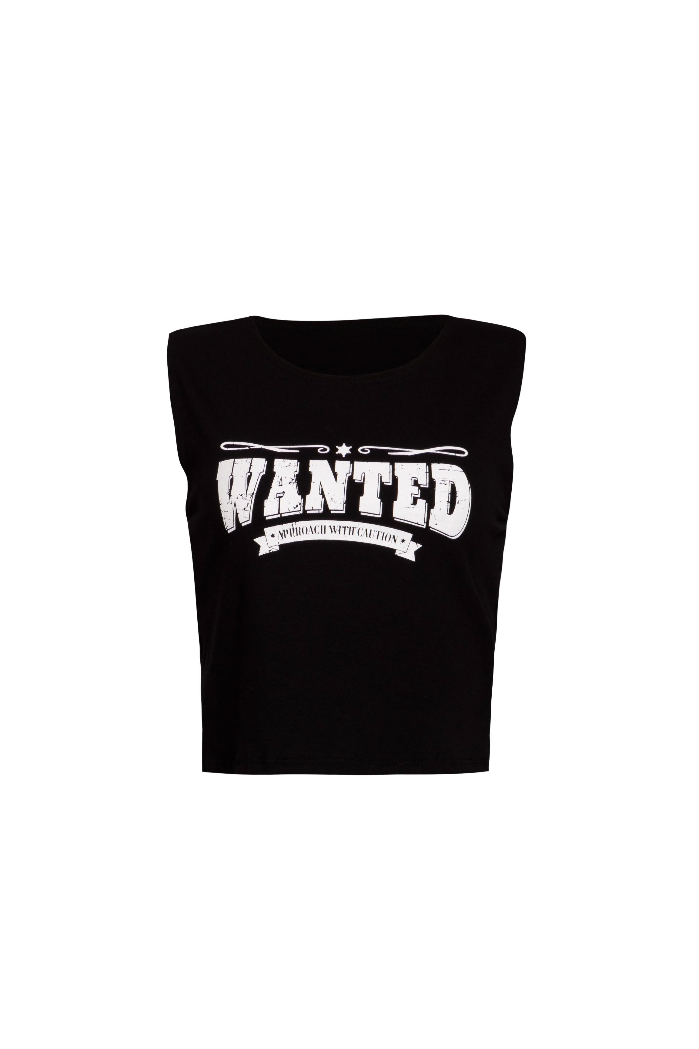 Front view of black muscle tank with 'Wanted – Approach With Caution' graphic.