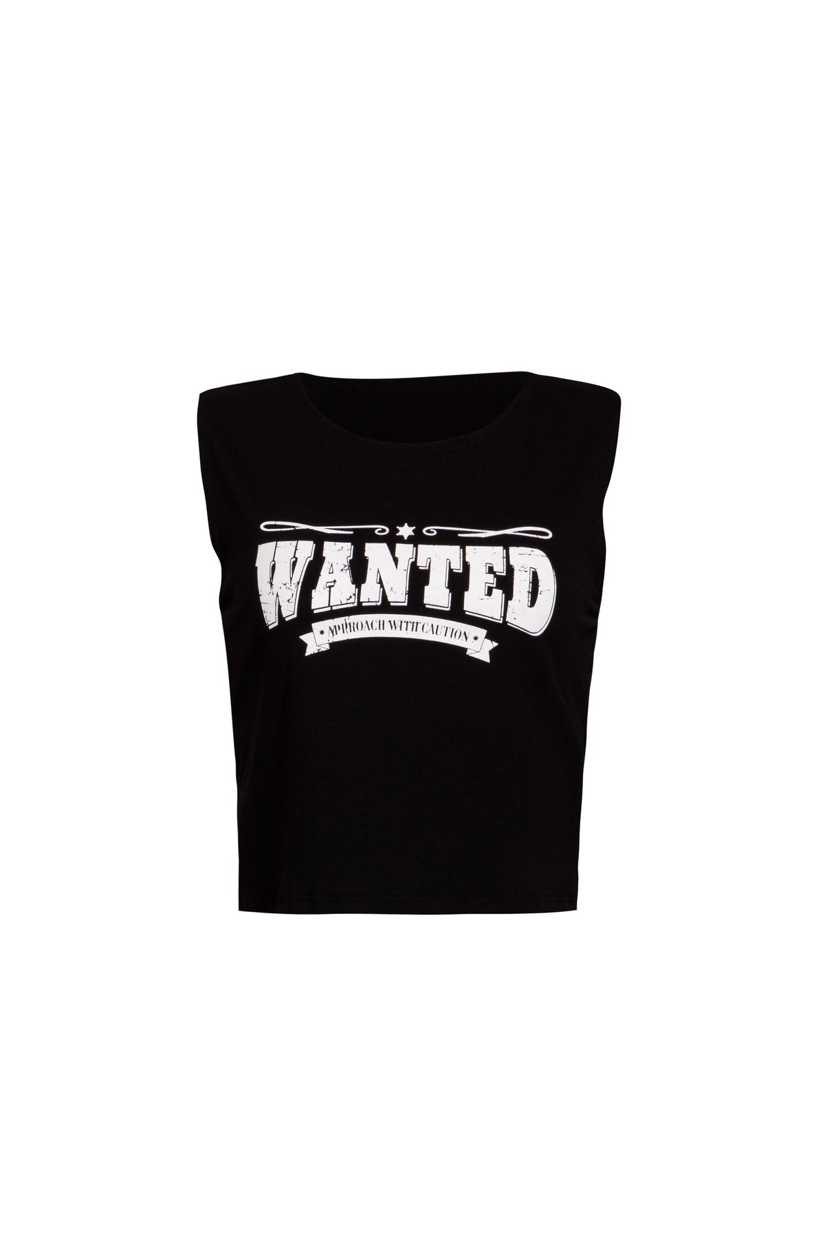 Front view of black muscle tank with 'Wanted – Approach With Caution' graphic.