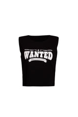 Front view of black muscle tank with 'Wanted – Approach With Caution' graphic.