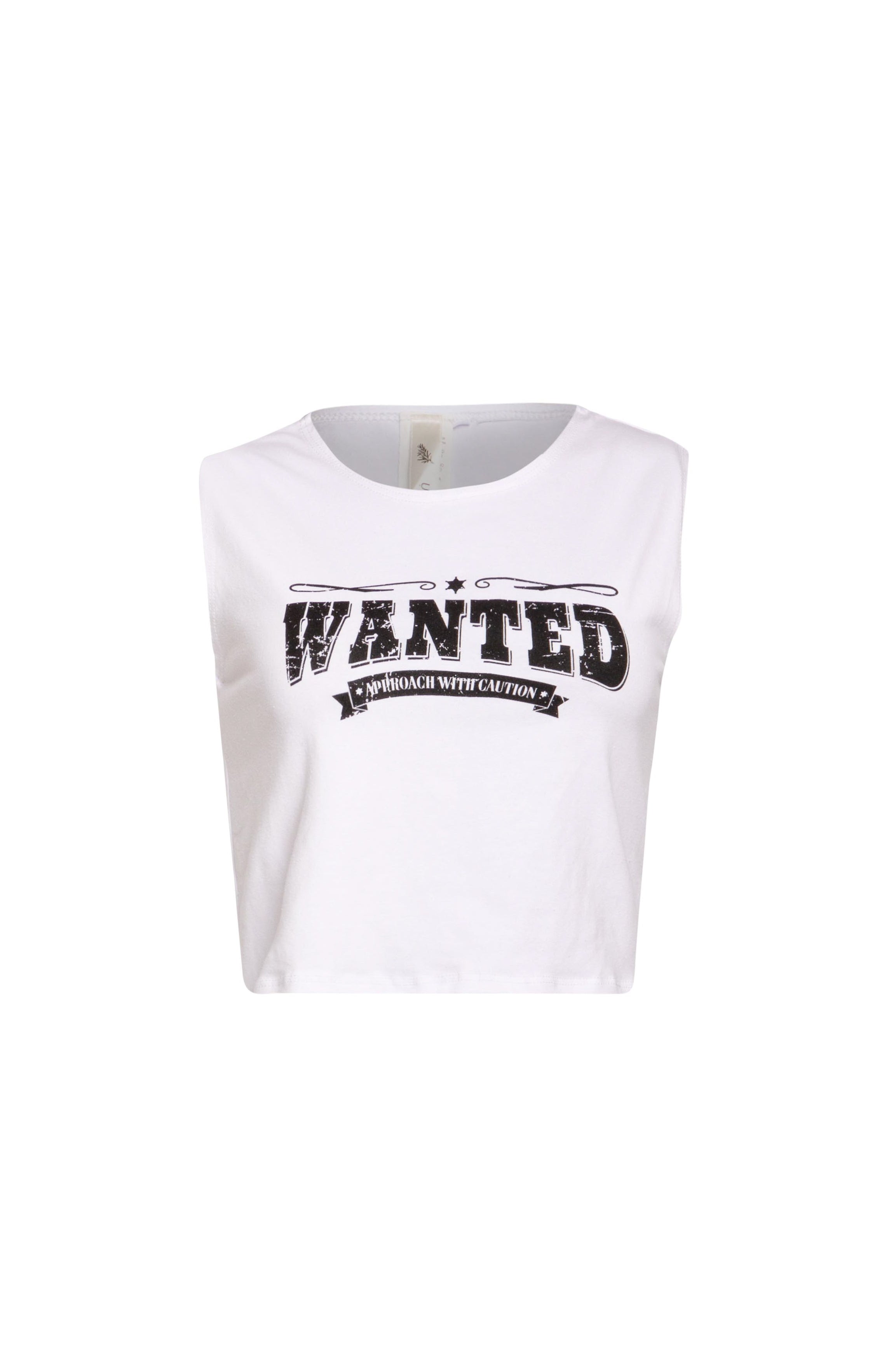 Front view of white muscle tank featuring bold 'Wanted' slogan.