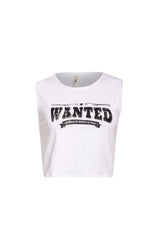 Front view of white muscle tank featuring bold 'Wanted' slogan.