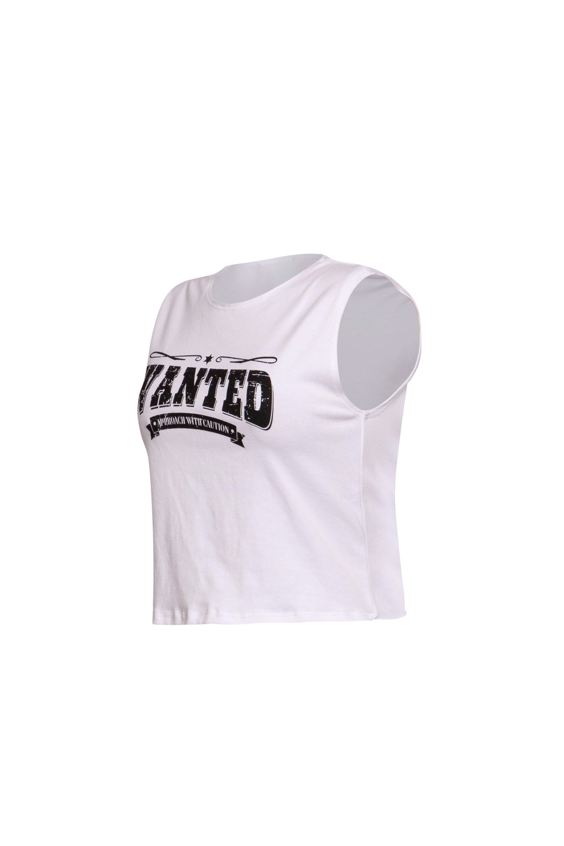 Left side view of white muscle tank with graphic print and sleeveless design.