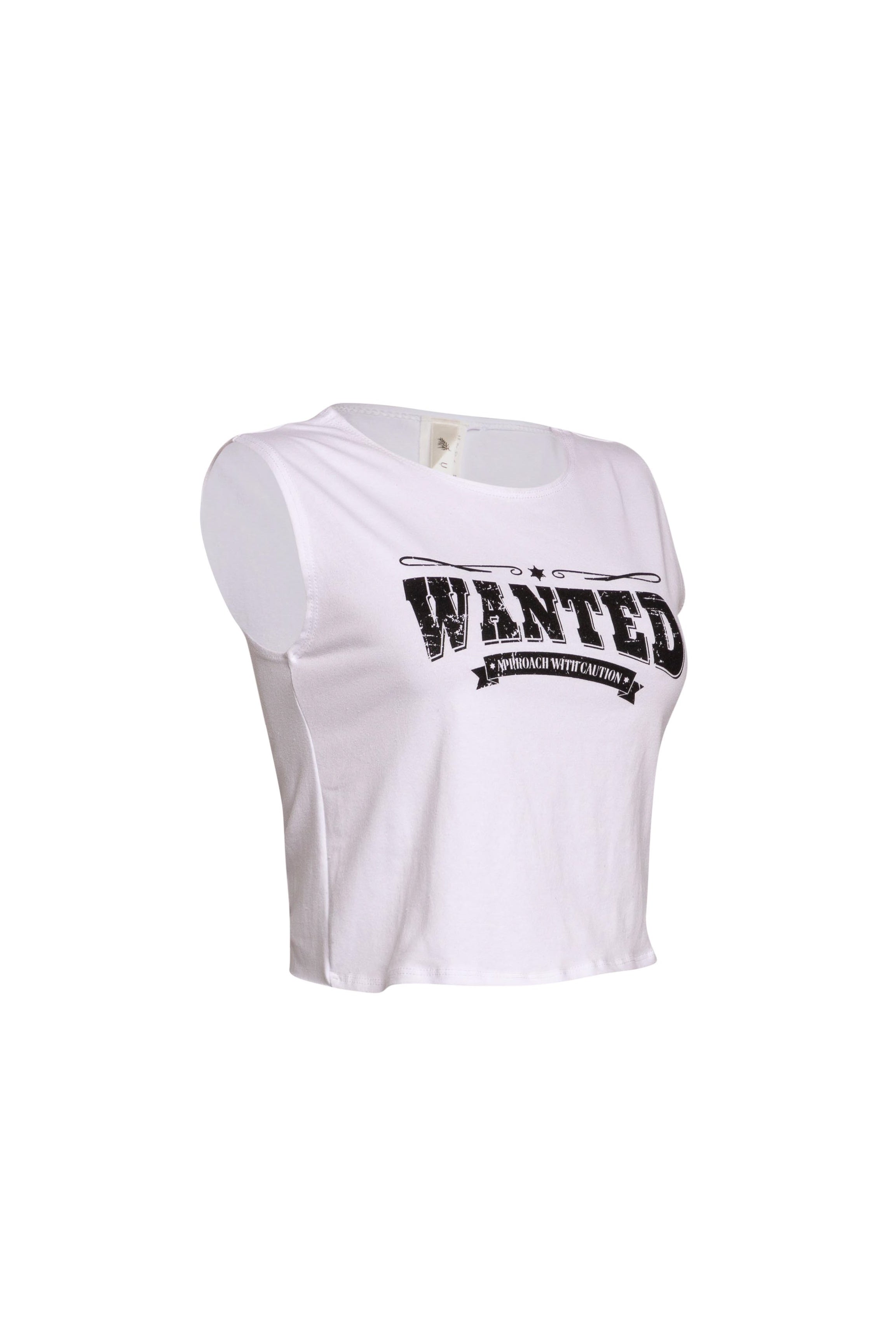 Right side view of white muscle tank showing bold graphic and relaxed fit.