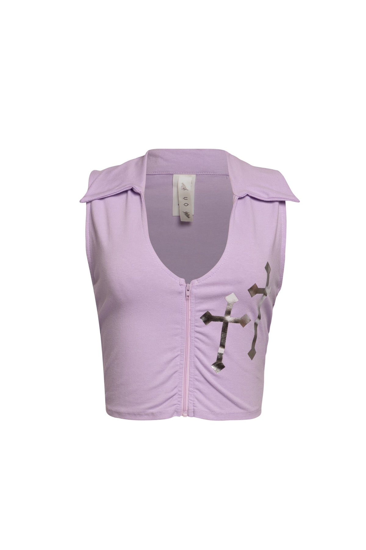 Light purple sleeveless cropped top with shoulder flaps and front zipper