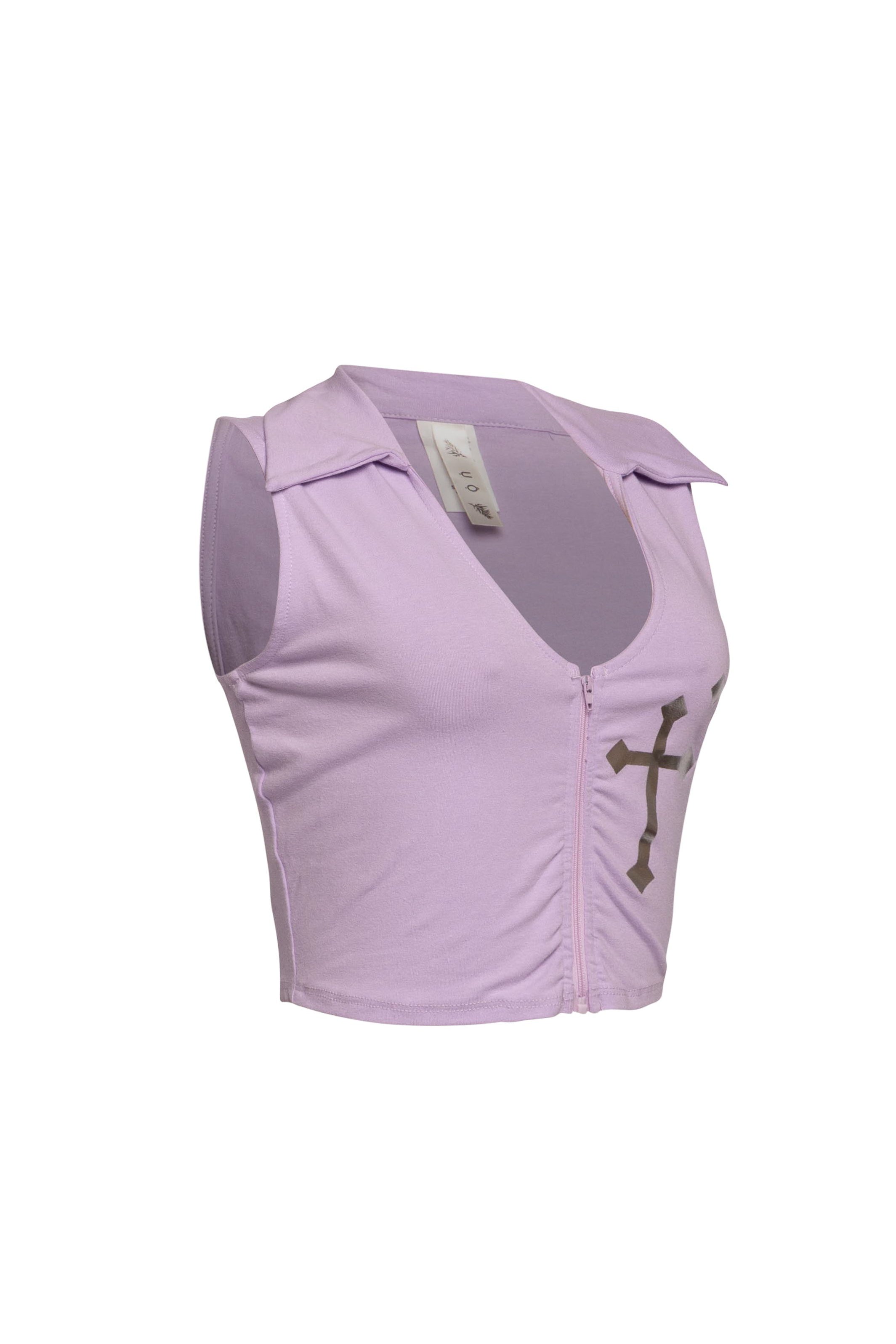 Left side view of light purple sleeveless cropped top highlighting the armhole design