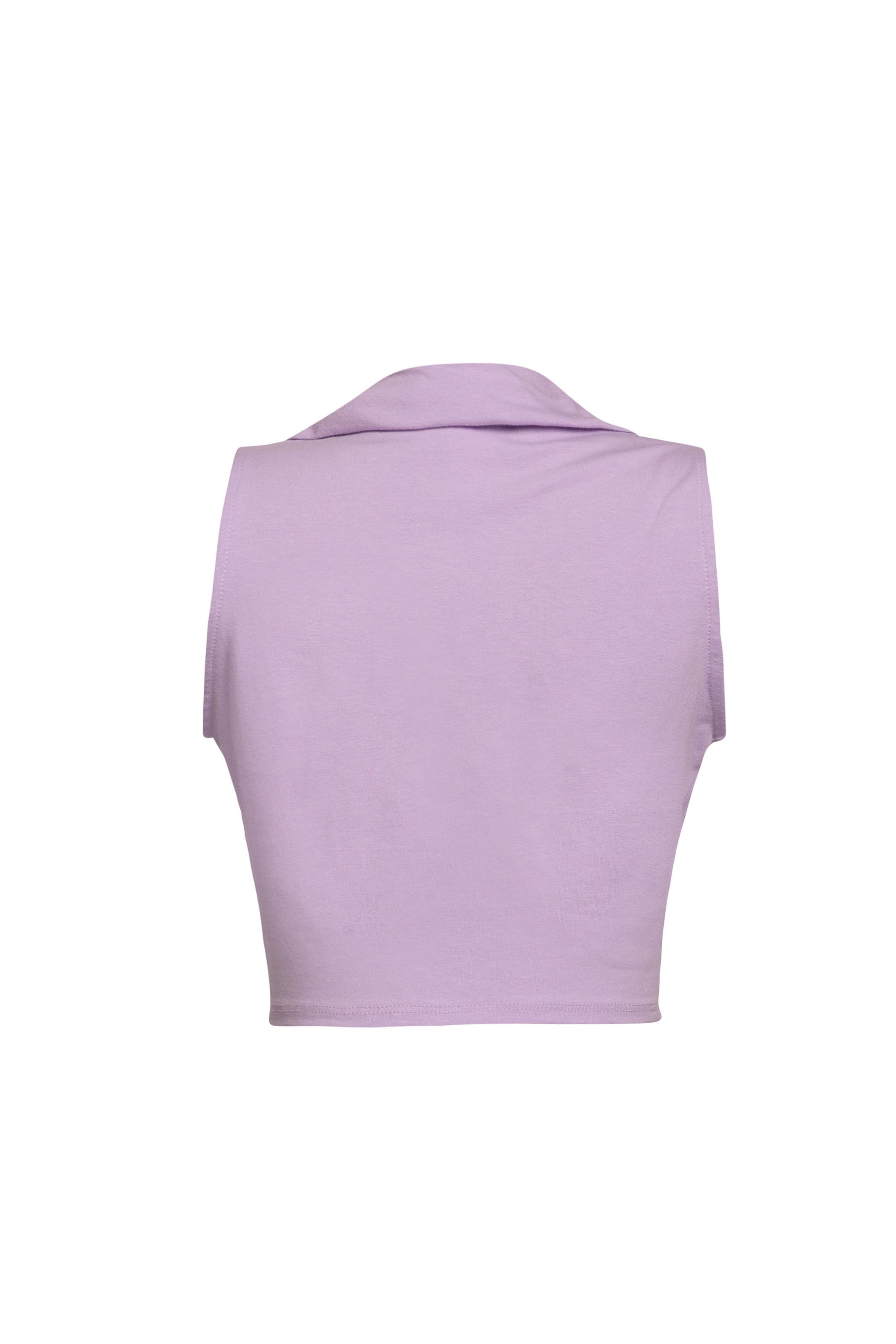 Back view of light purple sleeveless cropped top showing the tag detail.