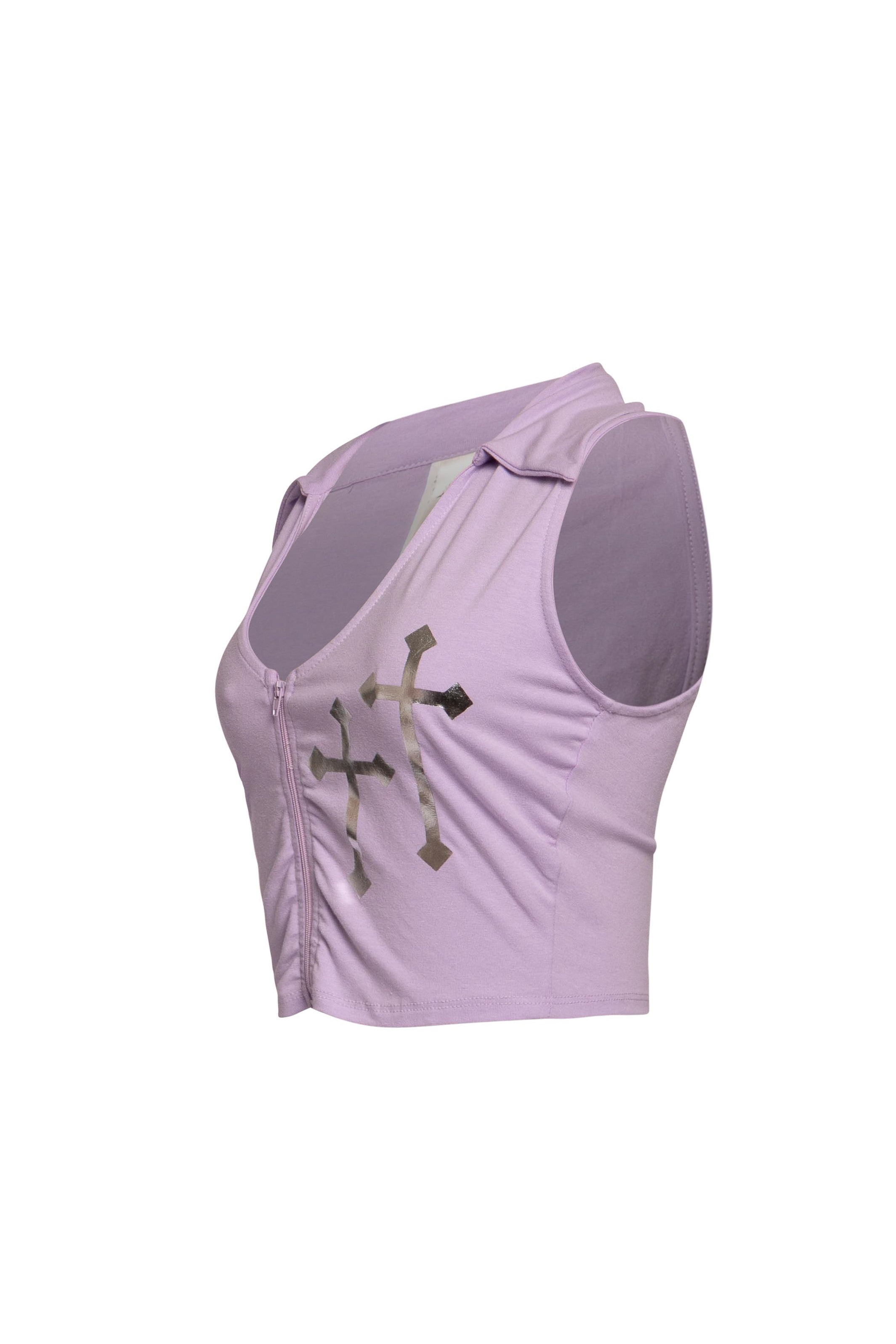 Right side view of light purple sleeveless cropped top showcasing the shoulder flap.