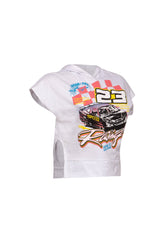 White Bogomore King of Speed Tee left side view displaying sleeve detail