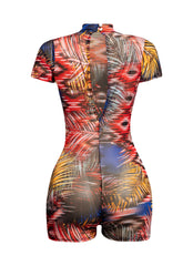 Back view of Bogomore’s red abstract-patterned bodysuit on mannequin.