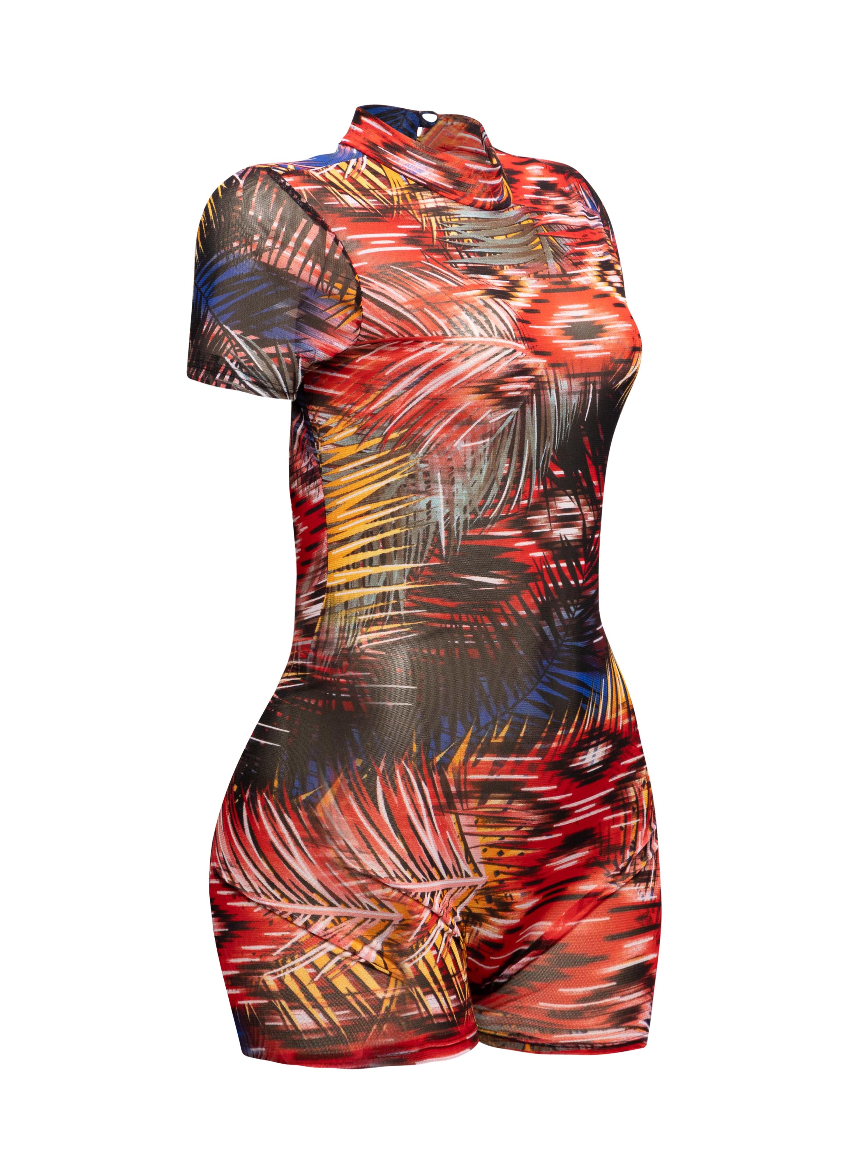 Right side view of Bogomore’s red abstract-patterned bodysuit on mannequin.