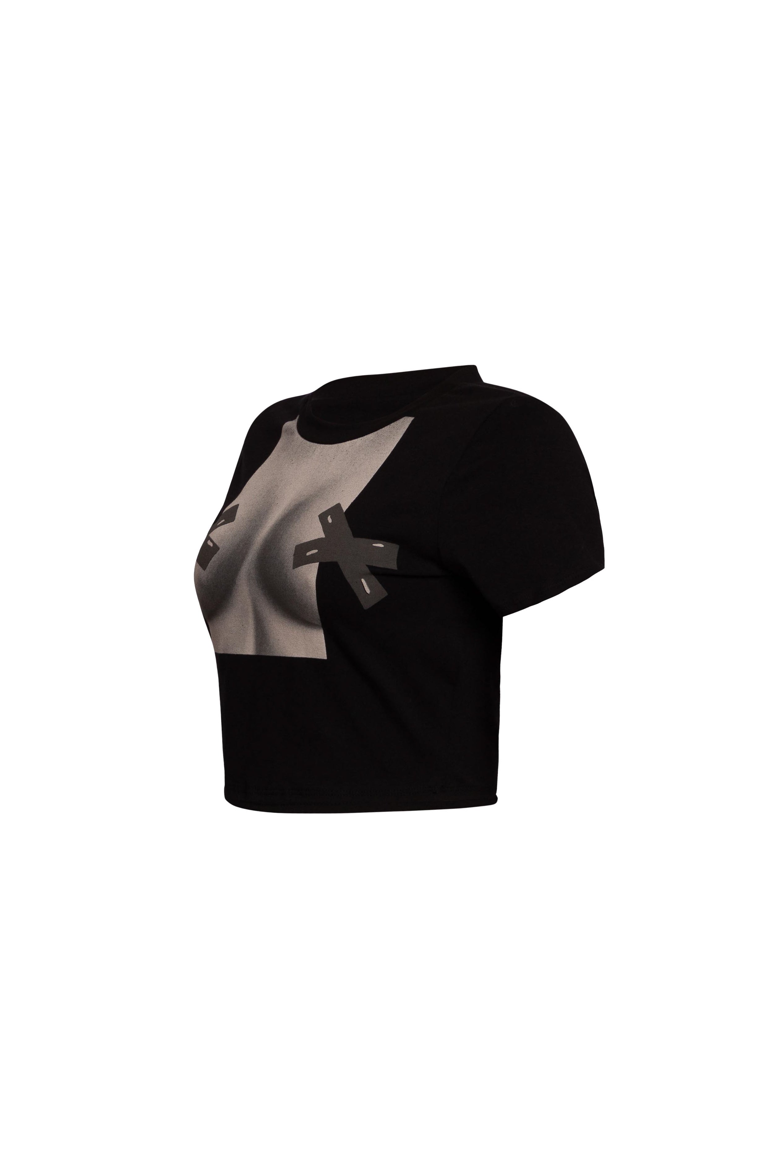 Left side view of black cropped top with taped bust graphic.