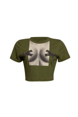 Front view of olive green cropped top featuring bold taped bust design.