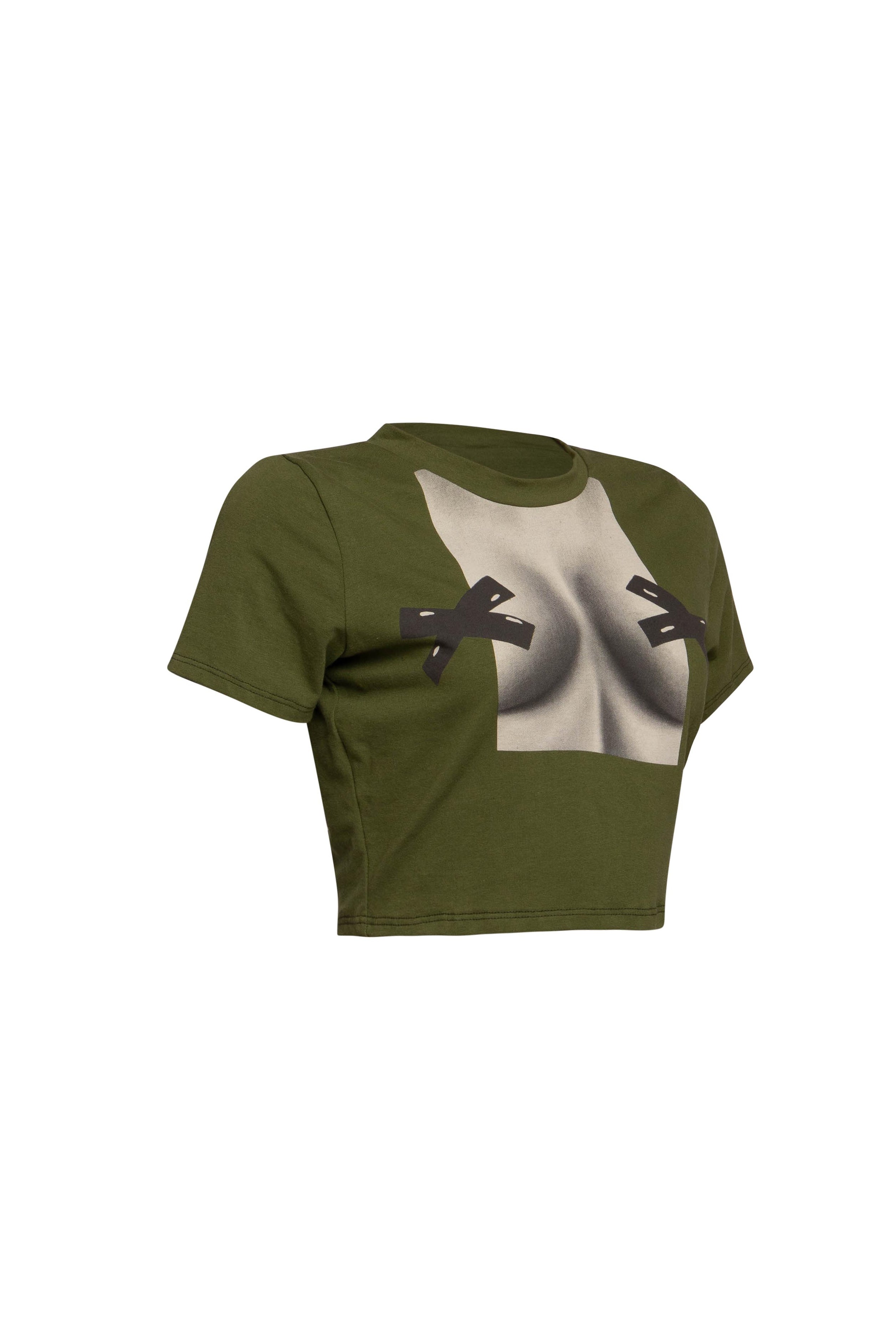 Right side view of olive green cropped top with bold graphic design.