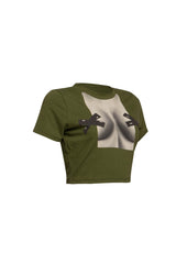 Right side view of olive green cropped top with bold graphic design.