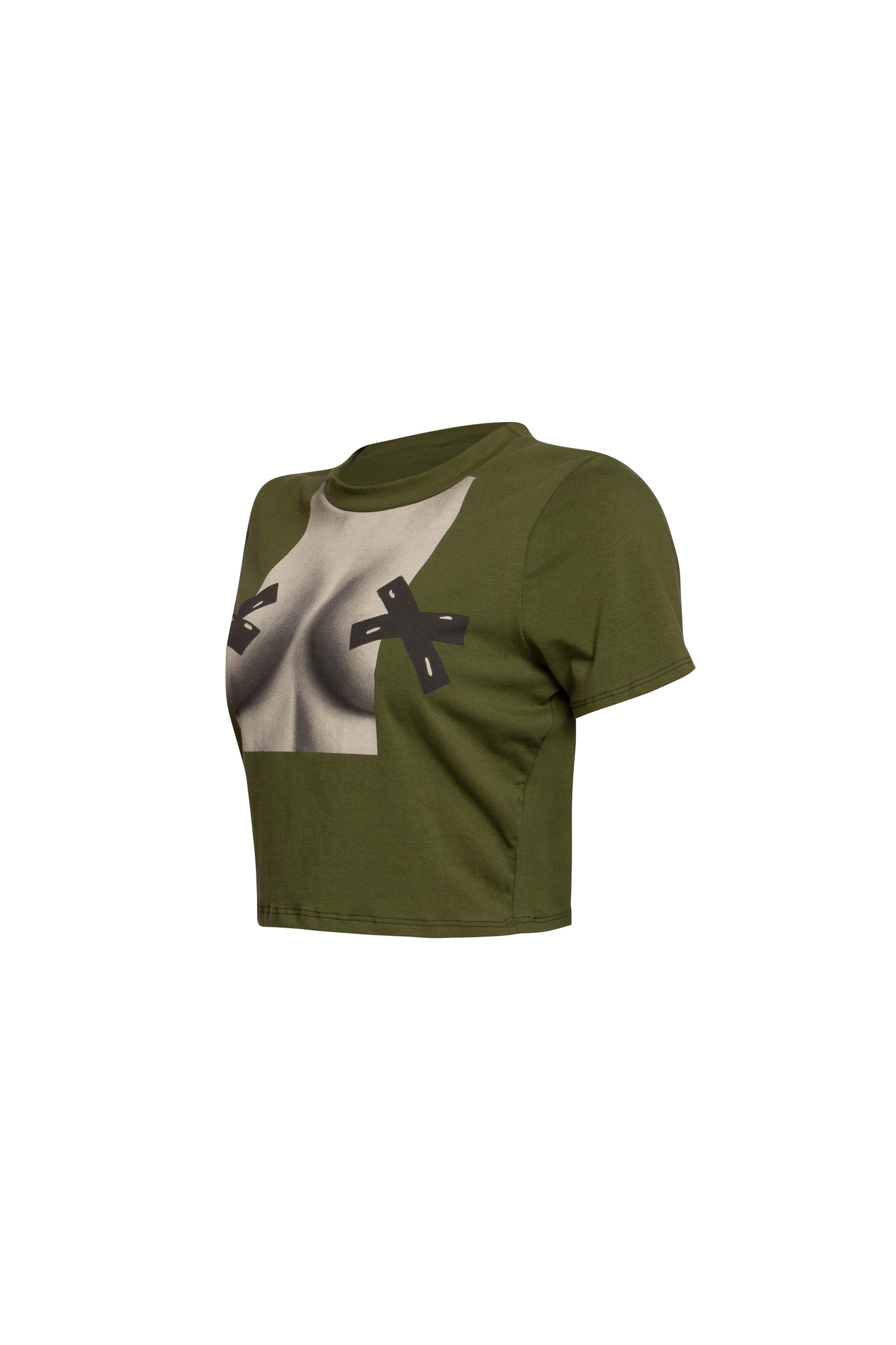 Left side view of olive green cropped top with taped bust print.