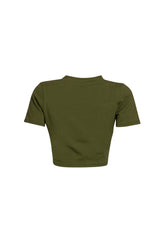 Back view of olive green cropped top with minimal design.