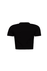 Back view of black cropped top with simple design.