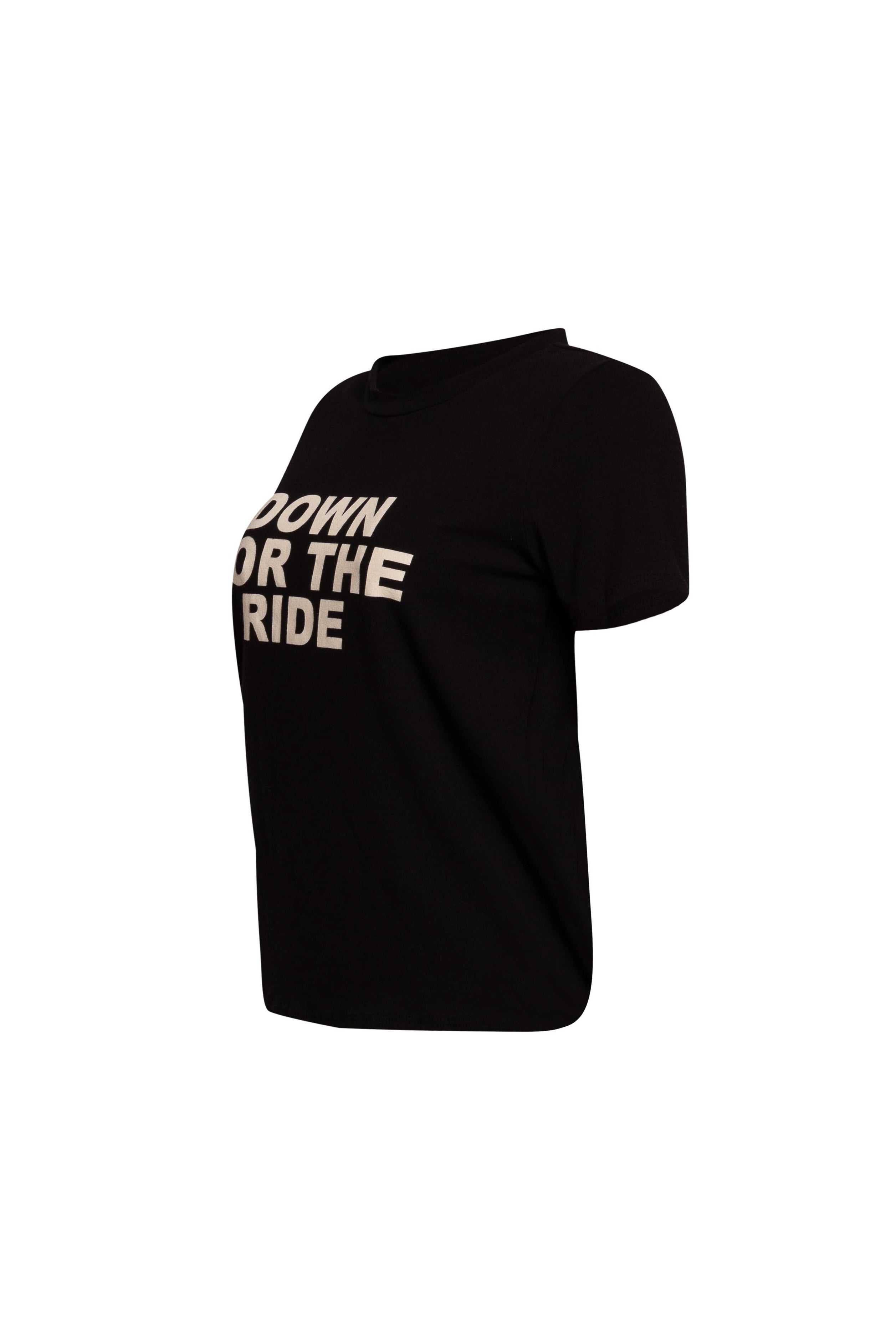 Left side view of black 'Down for the Ride' graphic t-shirt with a relaxed fit."