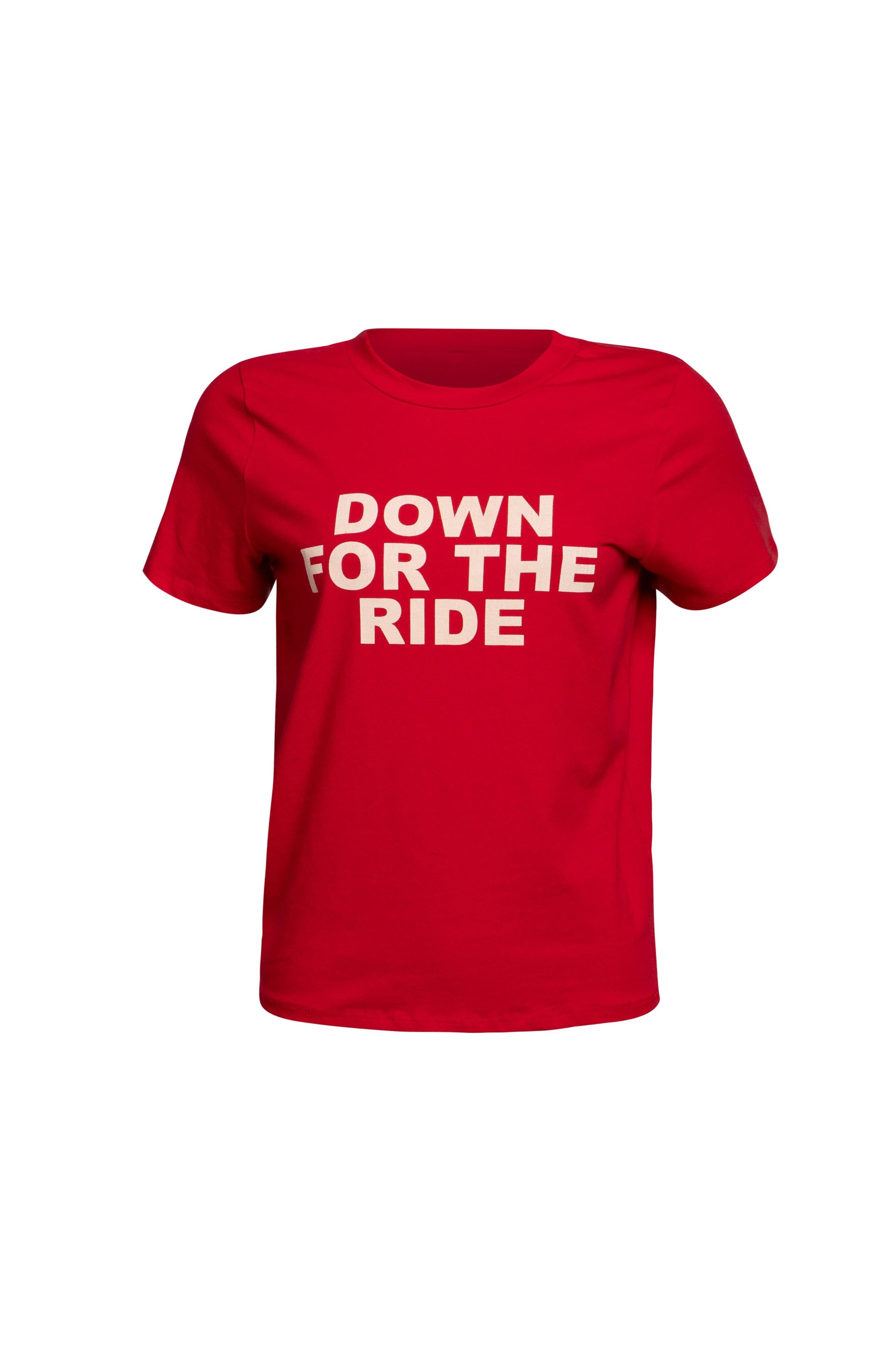 Front view of red 'Down for the Ride' t-shirt with bold white slogan.