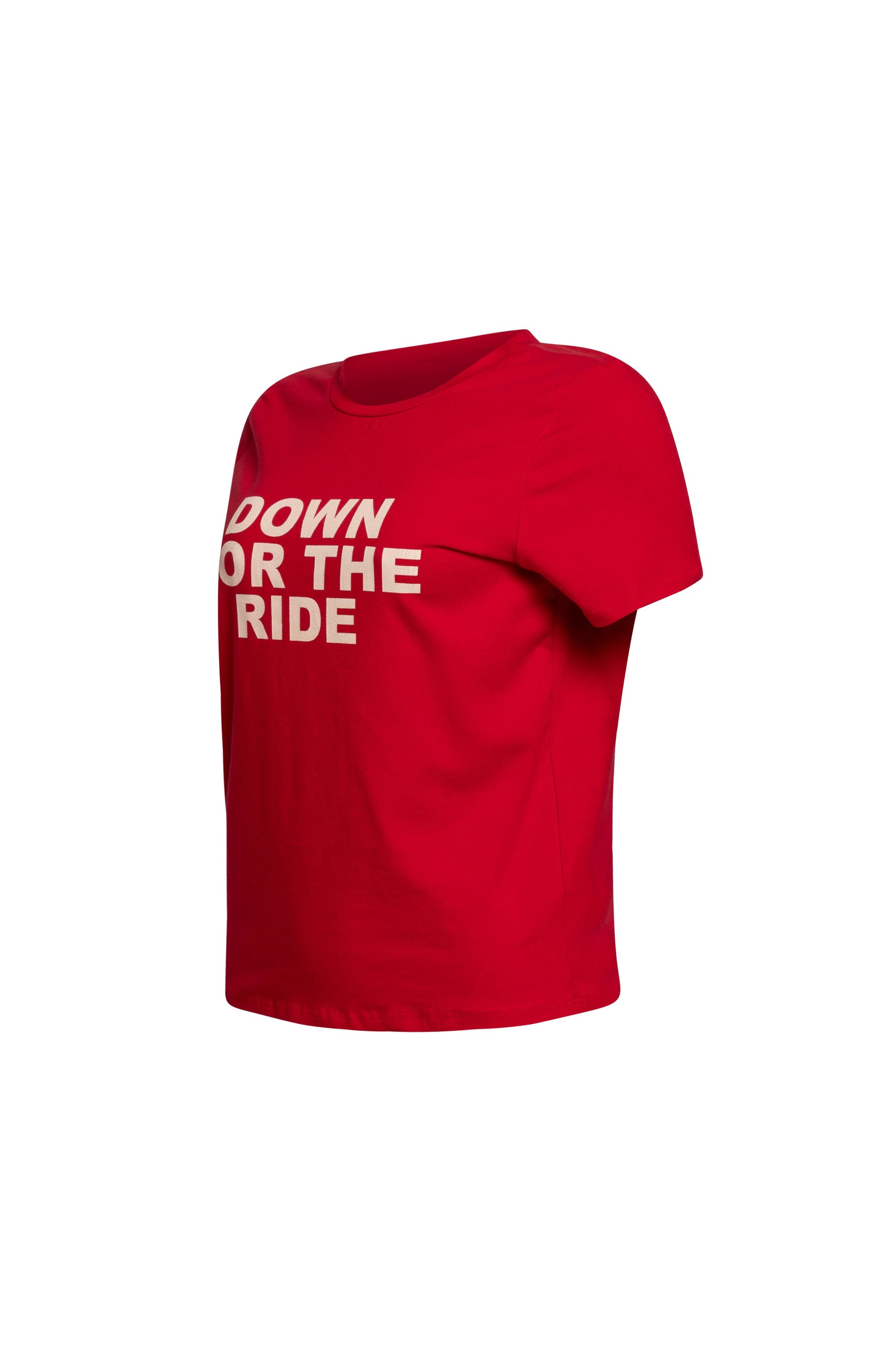 Left side view of red t-shirt with 'Down for the Ride' graphic in white.