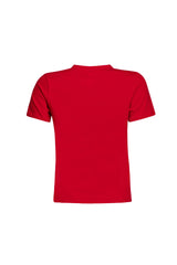 Back view of red 'Down for the Ride' t-shirt with a plain back design.