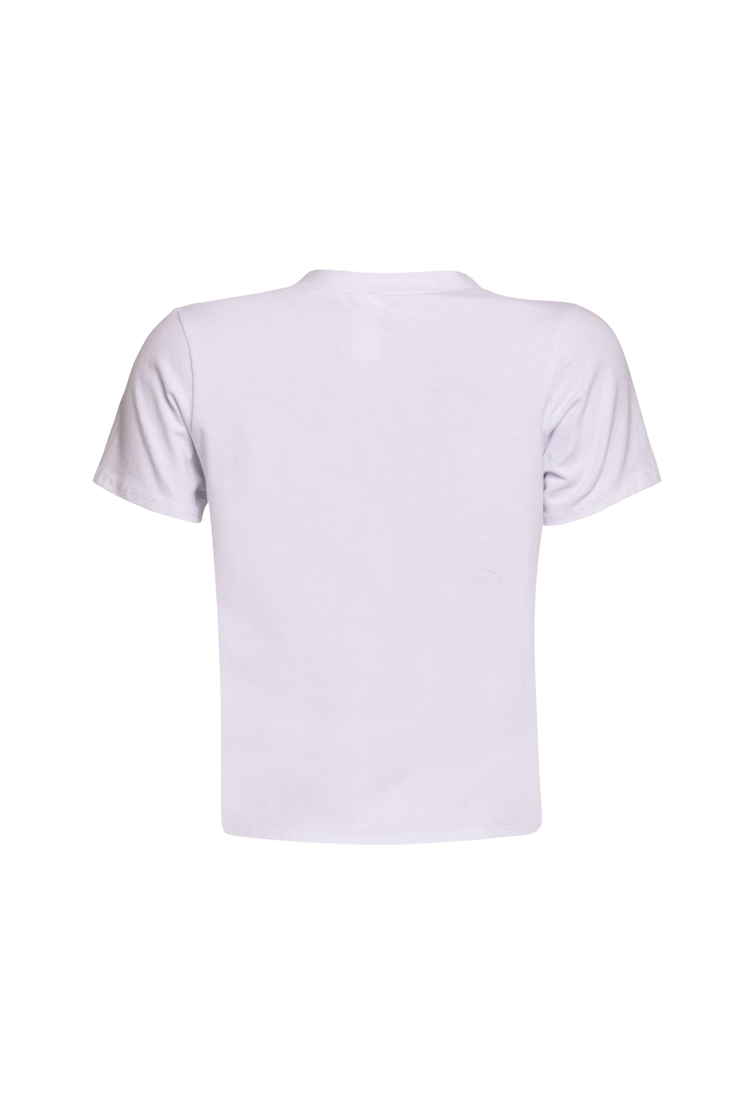 Back view of white 'Down for the Ride' t-shirt with a plain, solid back.