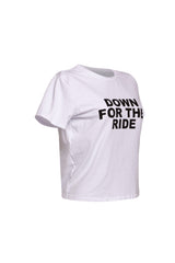 Left side view of white 'Down for the Ride' t-shirt with a relaxed fit.