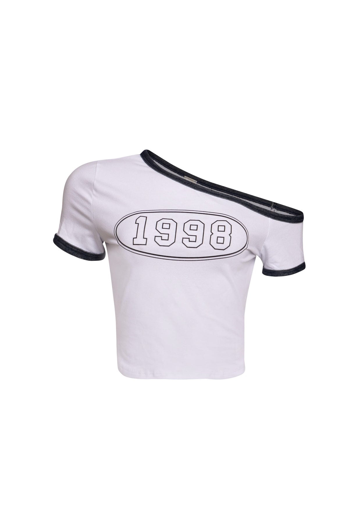 White Bogomore Retro 1998 Tee with black trim - front view.