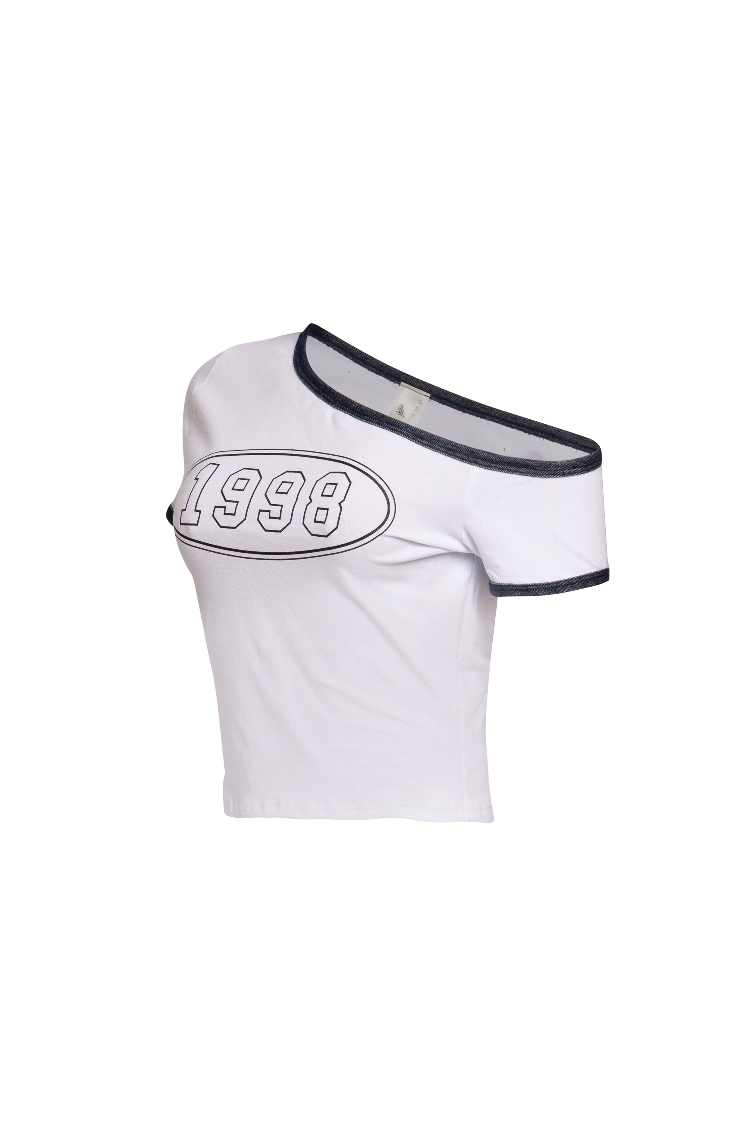 White Bogomore Retro 1998 Tee with black trim - right side view.