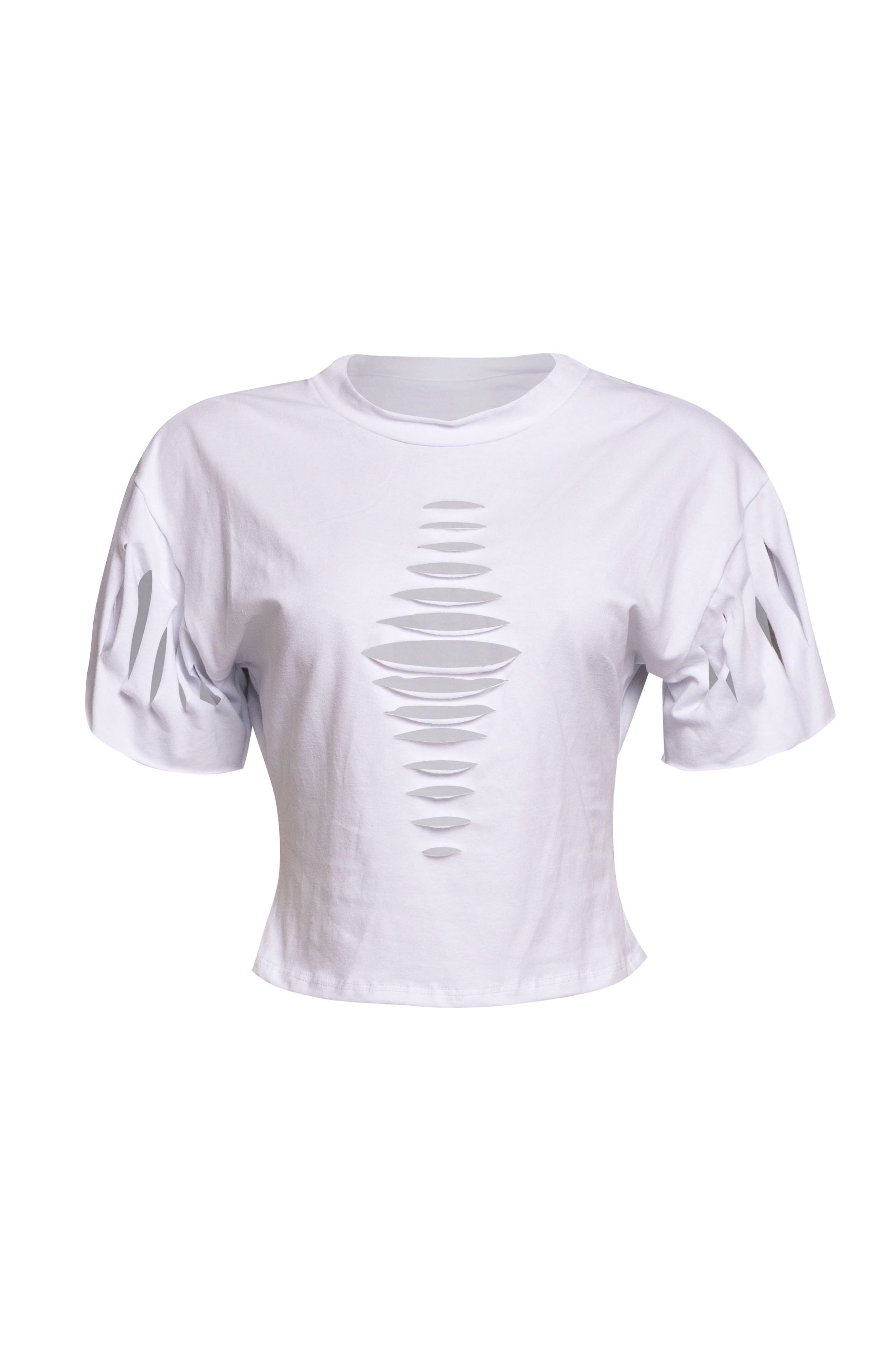 White Bogomore Spine Tee with distinctive front slit pattern resembling a human spine.