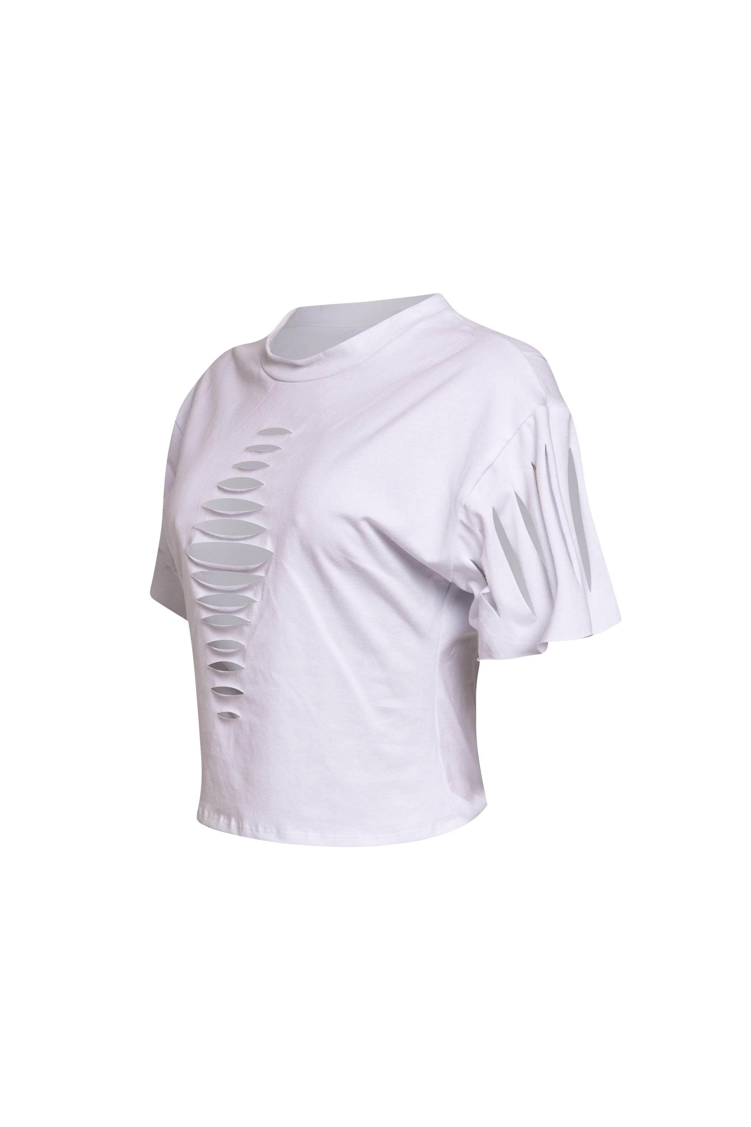 Side view of White Bogomore Spine Tee highlighting the edge of its unique spine-like slits