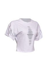 Opposite side view of White Bogomore Spine Tee displaying its innovative cut-out pattern.