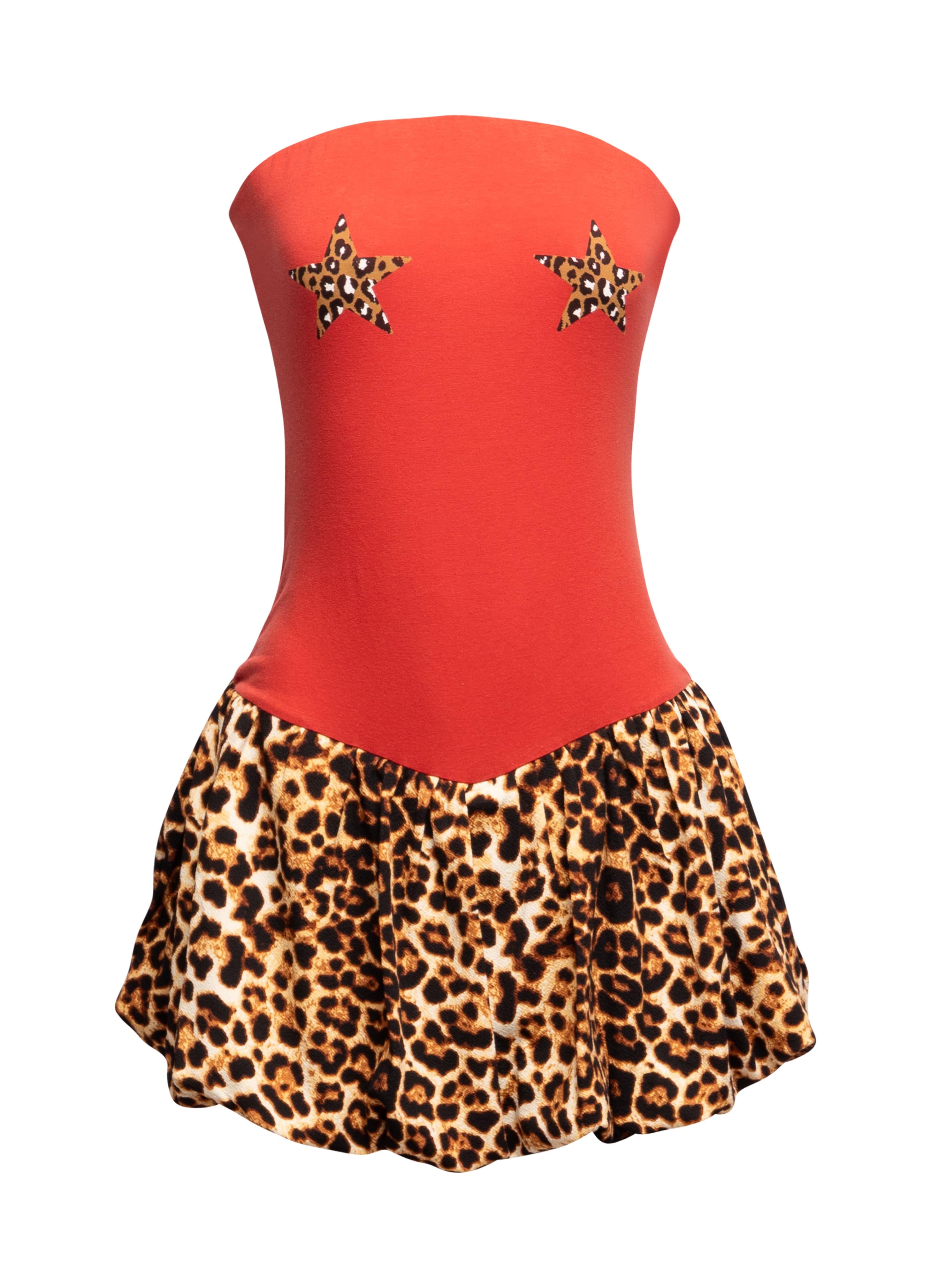 Front view of Bogomore’s Leopard Star Flare Dress featuring red bodice with star embellishments.