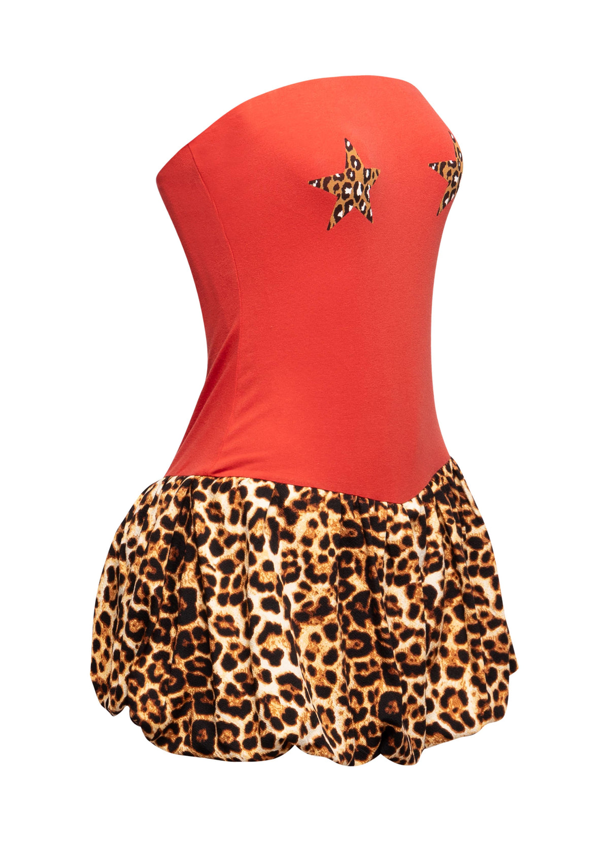 Right side view of Bogomore’s Leopard Star Flare Dress emphasizing the unique combination of solid color top and printed skirt.