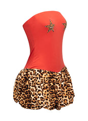 Right side view of Bogomore’s Leopard Star Flare Dress emphasizing the unique combination of solid color top and printed skirt.