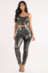 Shiny metallic ruched pants set