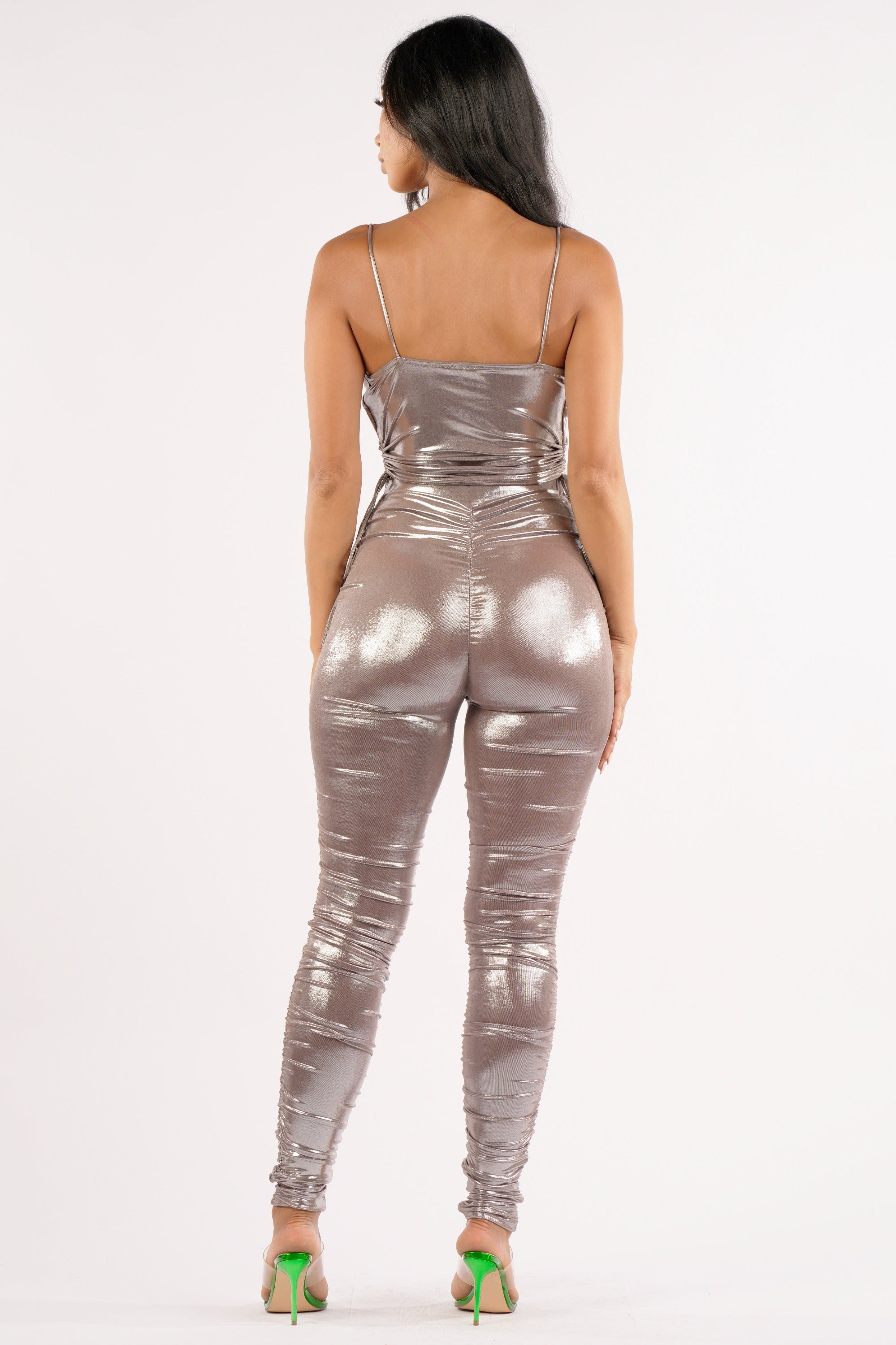 Shiny metallic ruched pants set