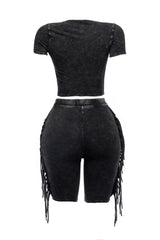 Mineral washed fringe biker set