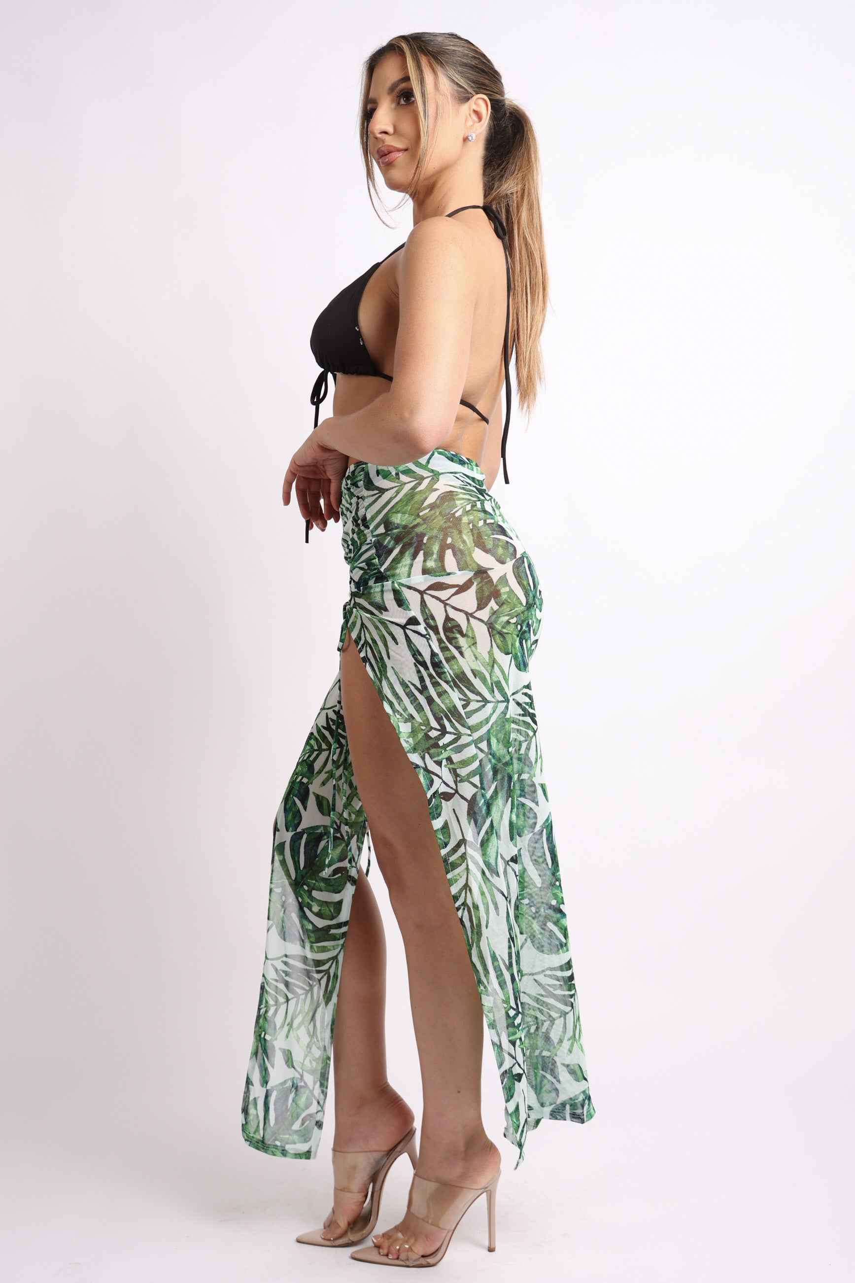 Printed mesh skirt cover up set with double slit