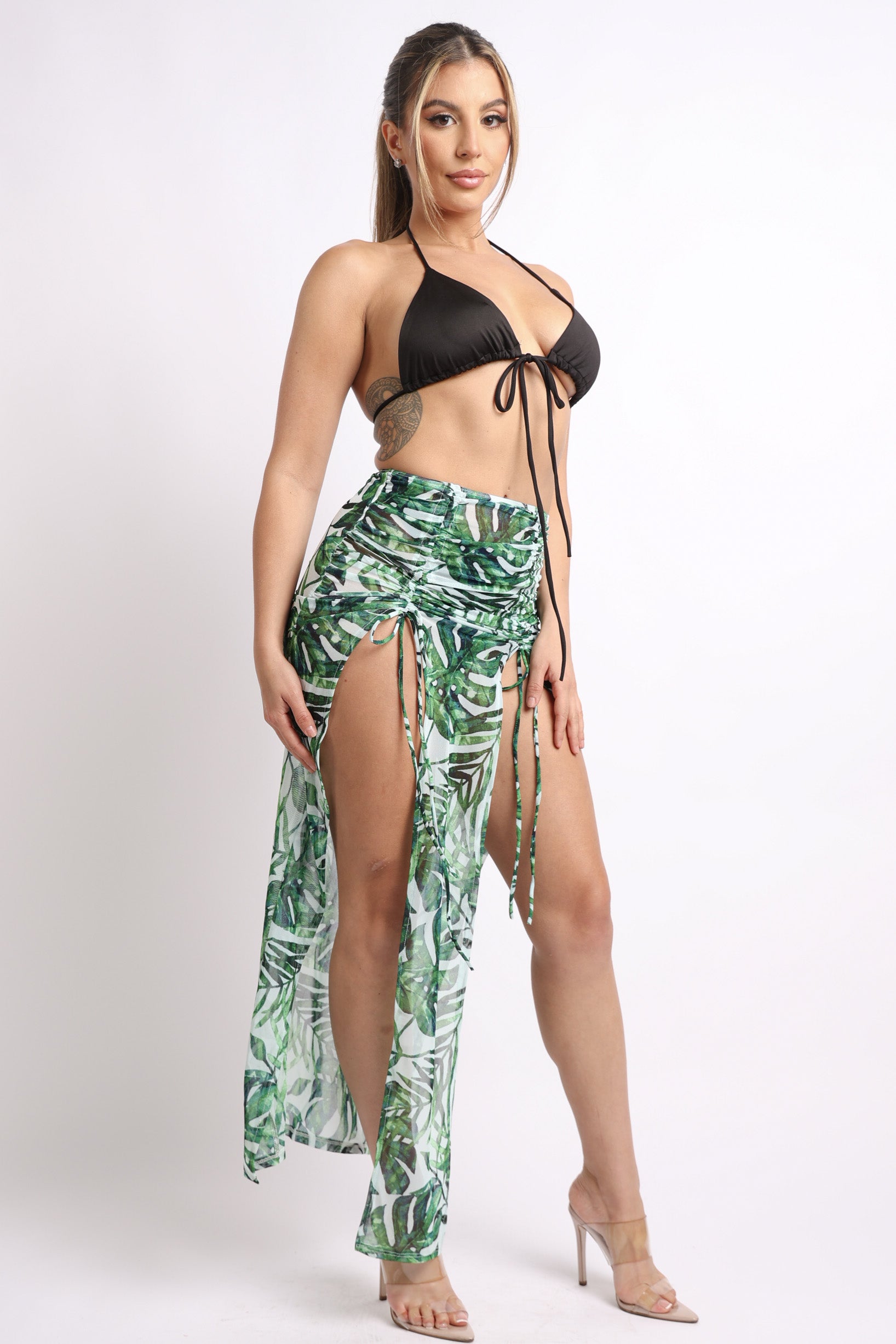 Printed mesh skirt cover up set with double slit