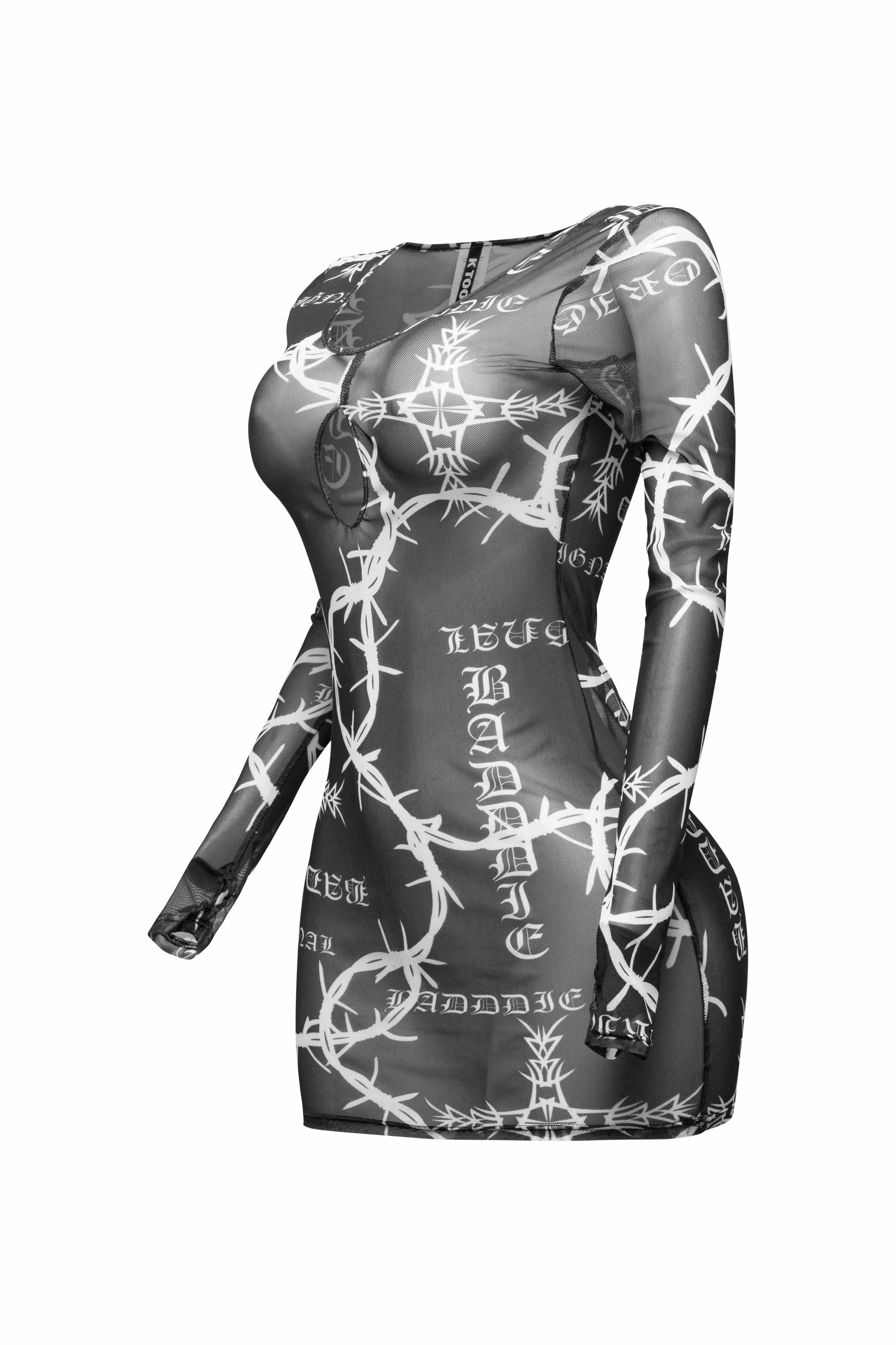 Barbed wire printed mesh dress