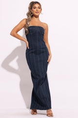 Stitching detailed denim tube maxi dress