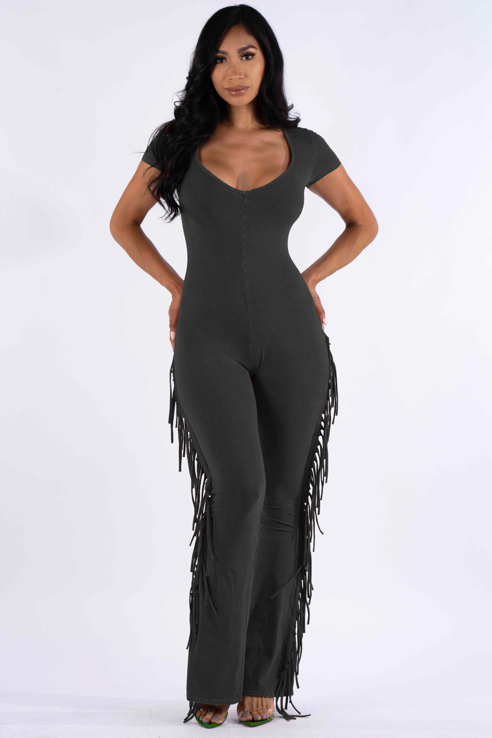 Mineral washed fringed jumpsuit