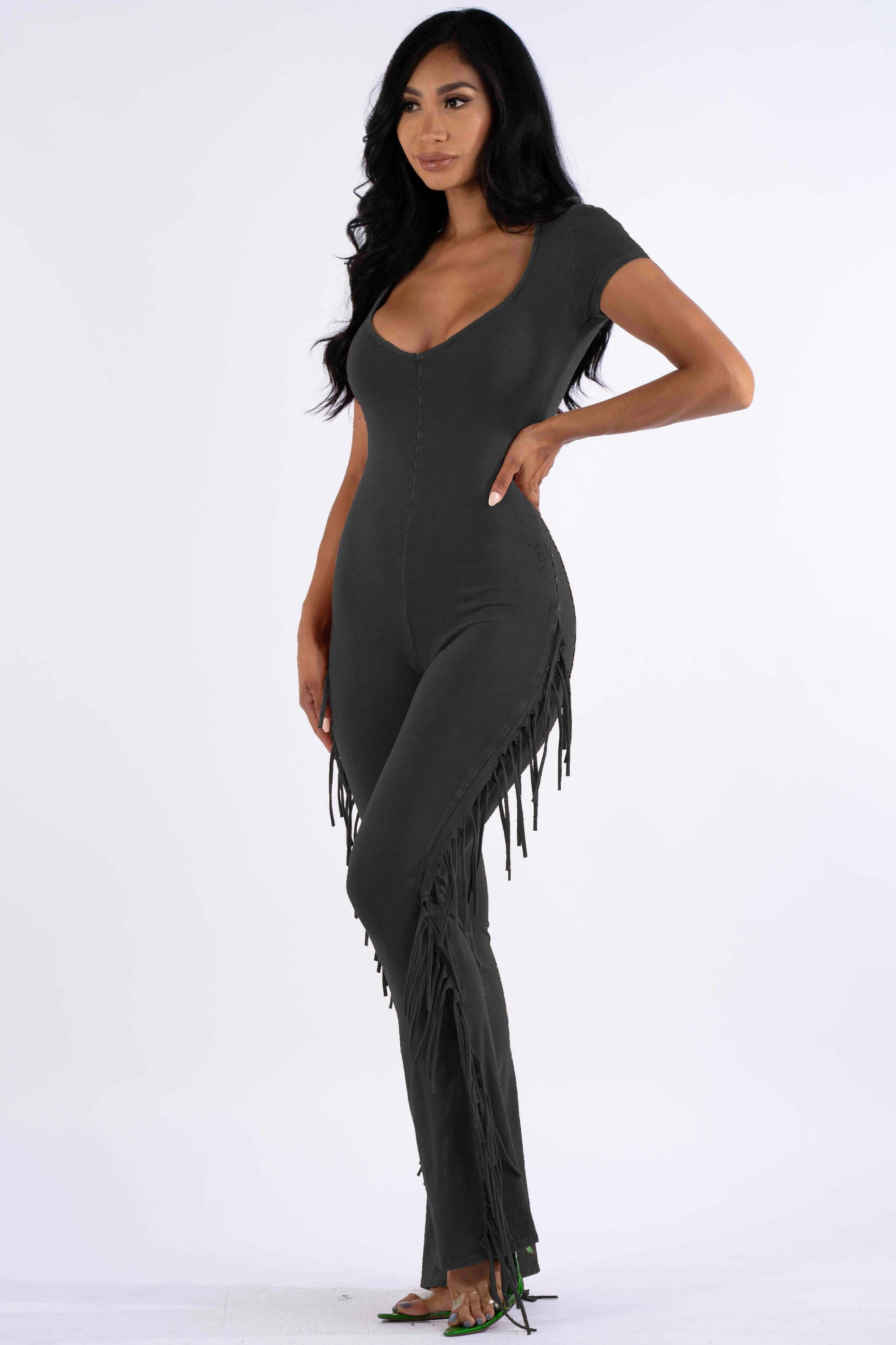 Mineral washed fringed jumpsuit