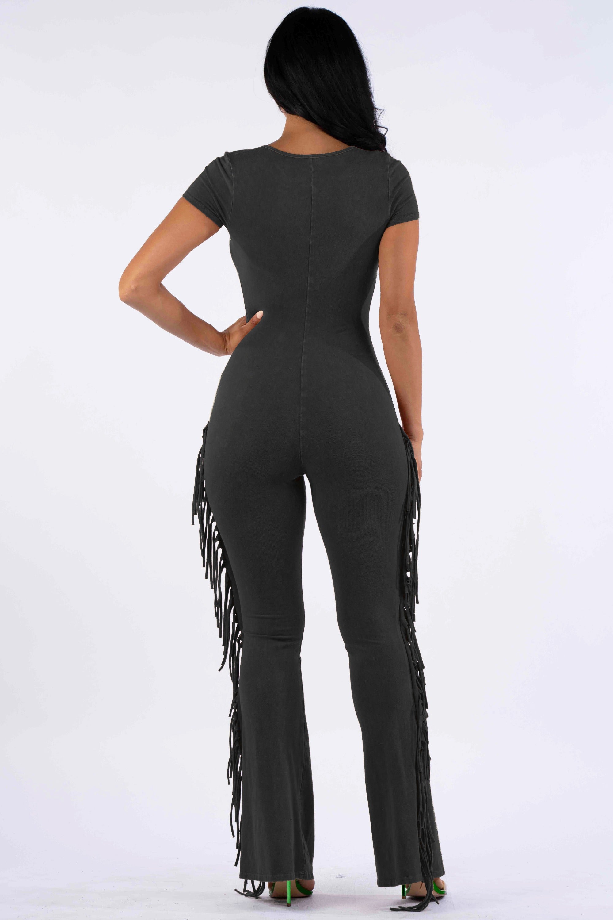 Mineral washed fringed jumpsuit